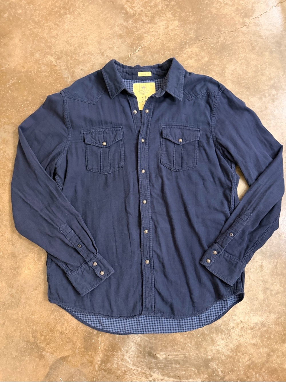 American Eagle Vintage Fit Navy Western Snap Flannel Shirt Men’s XL Unisex Fall